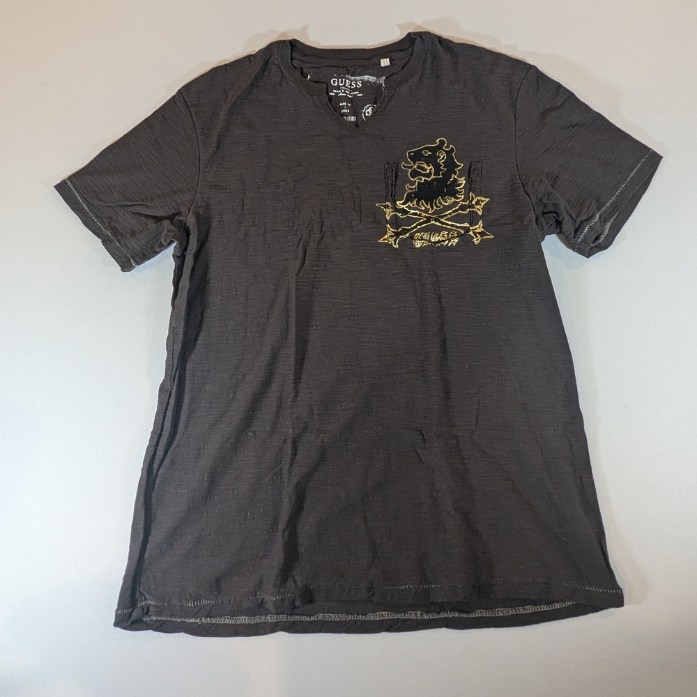GUESS Men's Charcoal Tee with Gold Lion Emblem
